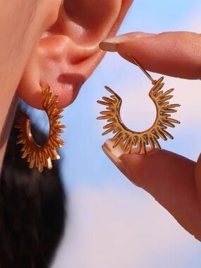 18K Gold Plated Stainless Steel Sunburst Hoop Earrings